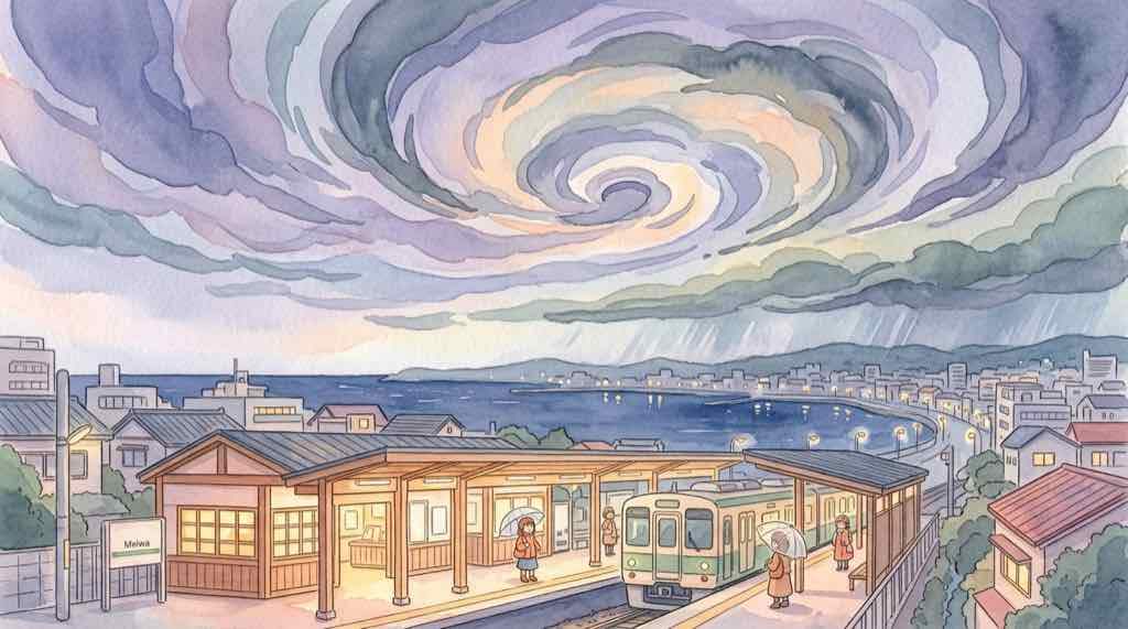 台風接近でシルバーウィークの電車運行が心配な女性のイラスト