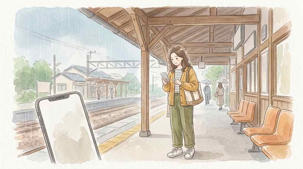 鉄道運行情報アプリで風速と雨量を確認するイラスト
