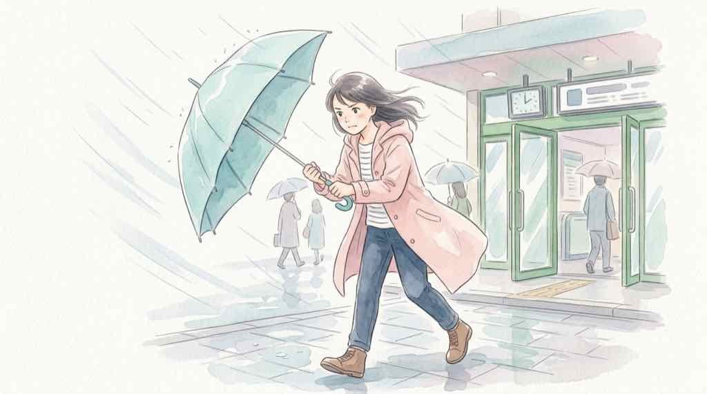 スマホで運行情報アプリを確認する女性のイラスト