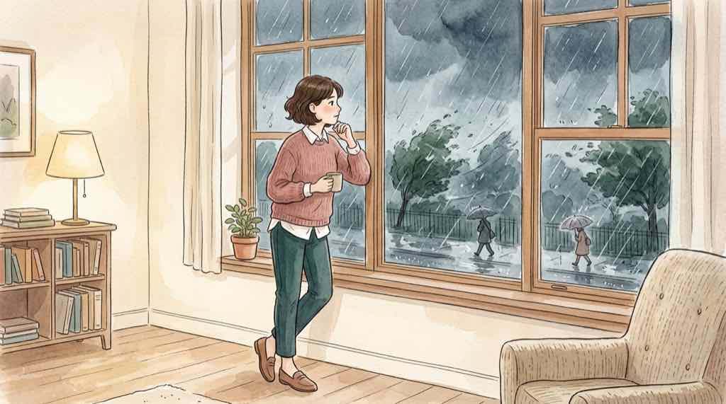 大雨警報を確認して外出を見合わせる女性のイラスト