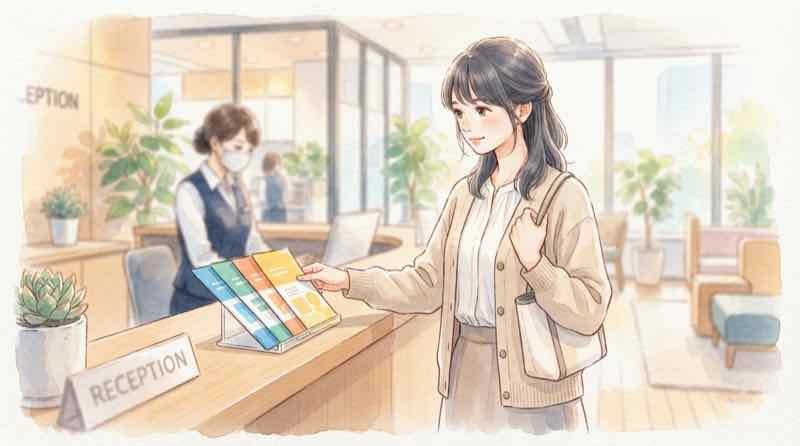 ソフトバンク社債はどこで買えるか、証券会社の店頭で資料を見比べる女性のイラスト