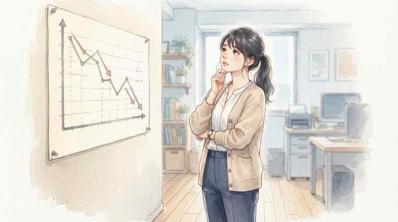 ソフトバンク社債を途中売却すると元本割れする可能性を示す、下向きの価格グラフを見る女性