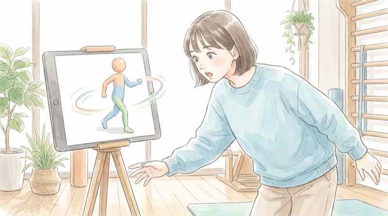 SPLYZA Motionの料金と使い方をやさしく解説する、iPadを持って笑顔で振り返る女性のイラスト