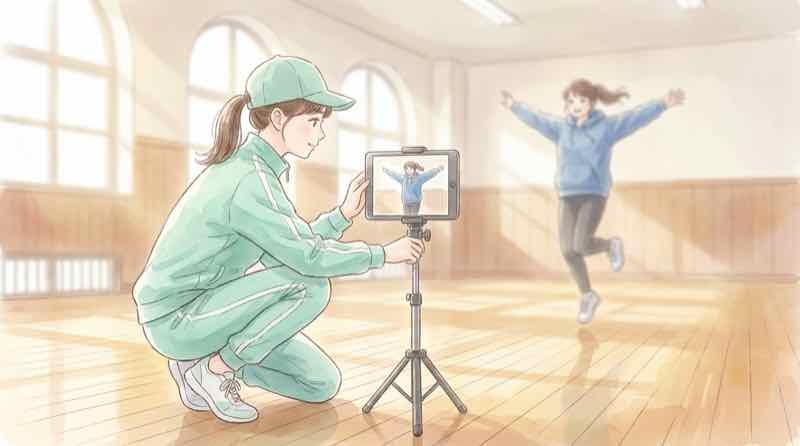 SPLYZA Motionでタブレット1台をスタンドに立て、走る人の全身の動きを撮影しているイラスト