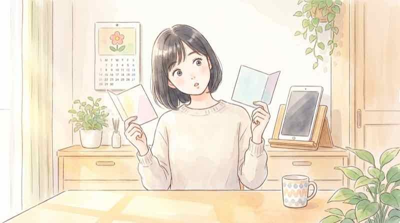 SPLYZA Motionの料金を調べる女性が、無料ダウンロードと有料プランの違いにハッとしているイラスト