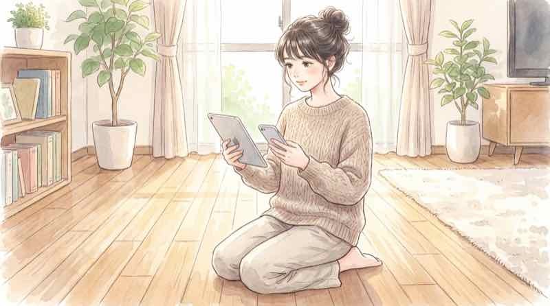 SPLYZA Motionの対応端末を確認する女性が、手元のiPadとiPhoneを見比べているイラスト