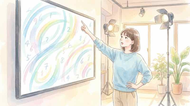 SPLYZA Motionの解析画面で、関節の角度や軌跡のグラフを指さして確認する女性のイラスト
