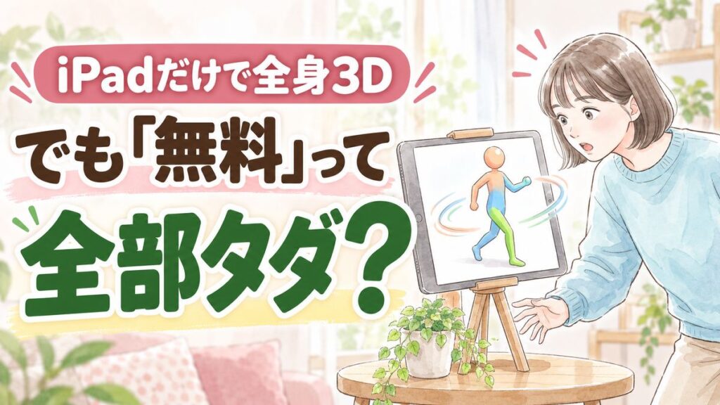 SPLYZA Motionの料金と使い方をやさしく解説する、iPadを持って笑顔で振り返る女性のイラスト