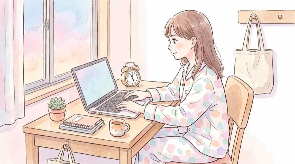 スタバポケモンオンライン販売開始時刻を確認する女性・朝のリビングでスマートフォンを見るイラスト