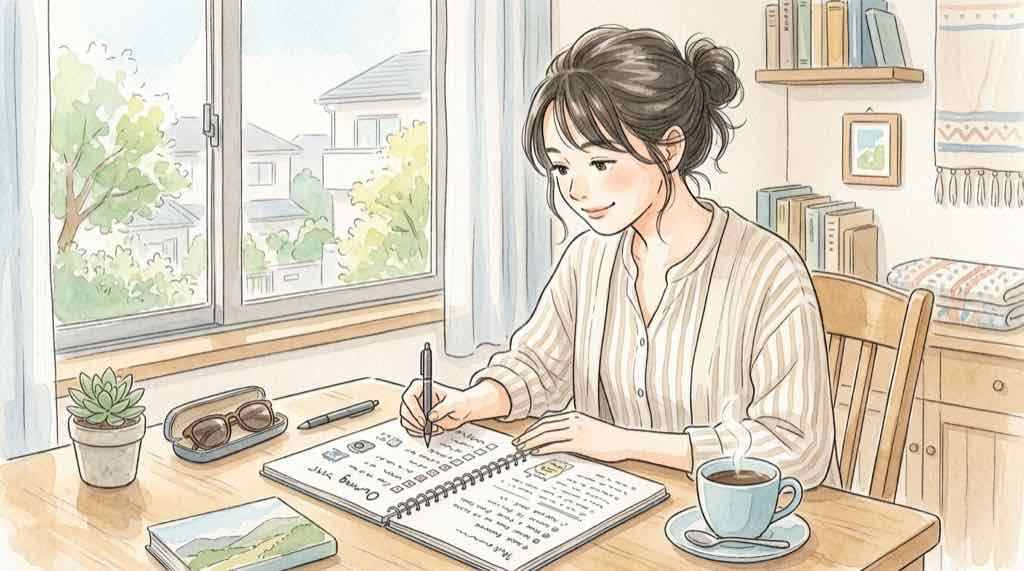 スタバポケモン購入制限ルールを確認するイラスト・手帳とコーヒー