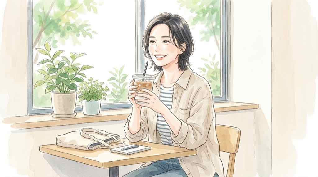 ピカチュウハニークリームラテを手に持つ女性のイラスト・カフェの窓際シーン
