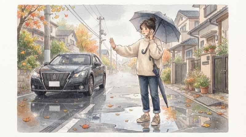 水没車のエンジンをかけてしまった女性がボンネット前で電話する様子