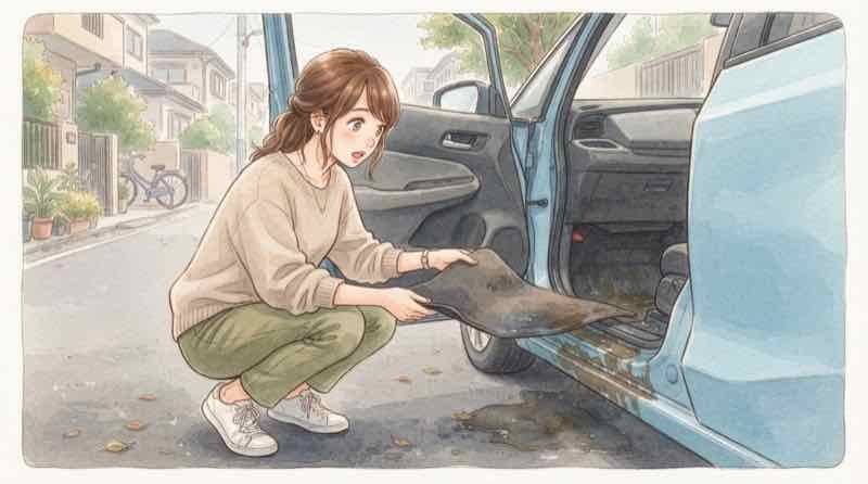水没車のエンジンをかけてしまい困惑する女性ドライバーの様子