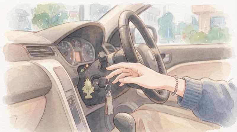 水没車のエンジンがかからずセルを回すのをためらう手元
