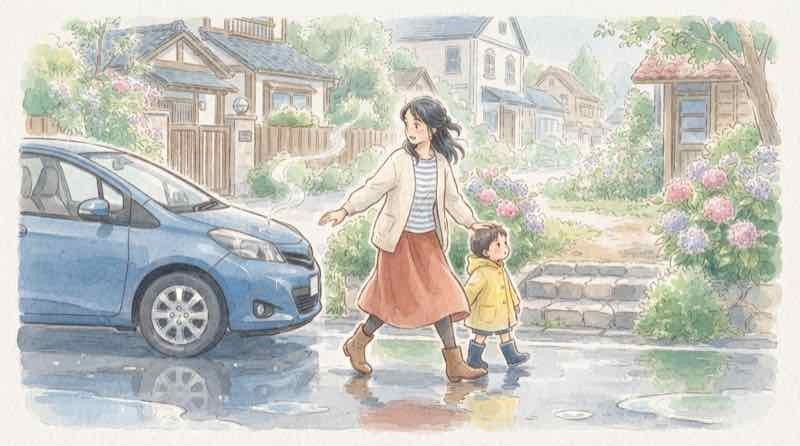 水没車から煙が出て離れて避難する女性の様子