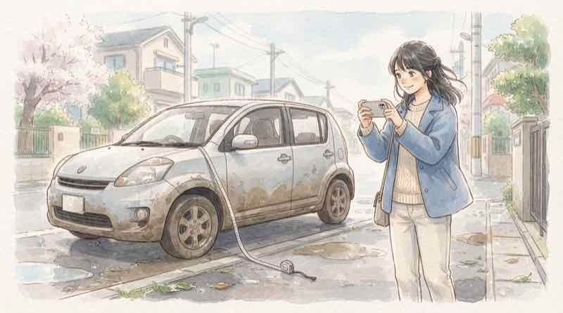 水没車の被害状況をスマホで撮影して記録する女性