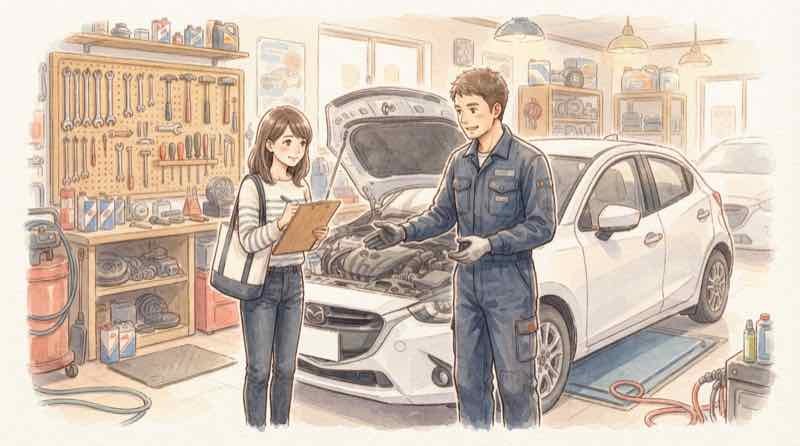 水没車の修理か廃車かを整備士と相談する女性