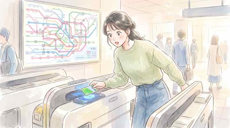 Suicaエリア統合はいつから始まるか改札を通る人の手元とICカードを見つめる女性