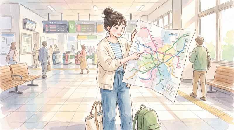 Suica 6エリア統合の路線図を広げて東京と仙台の位置を指でたどる女性