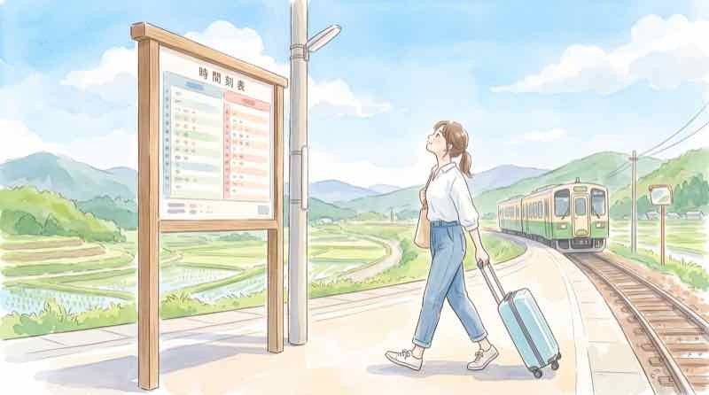 新たにSuica対応となる駅のホームで時刻表を見上げてスーツケースを引く女性