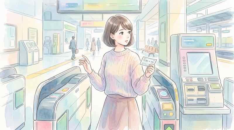 Suicaで新幹線に乗れるか迷い新幹線ホームで切符と改札機を見比べる女性