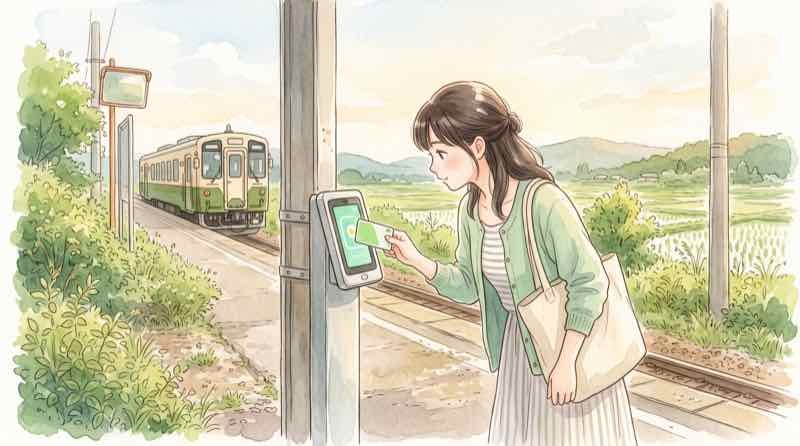 どこでも改札のイメージで無人駅の柱に付いたタブレット端末にICカードをかざす女性