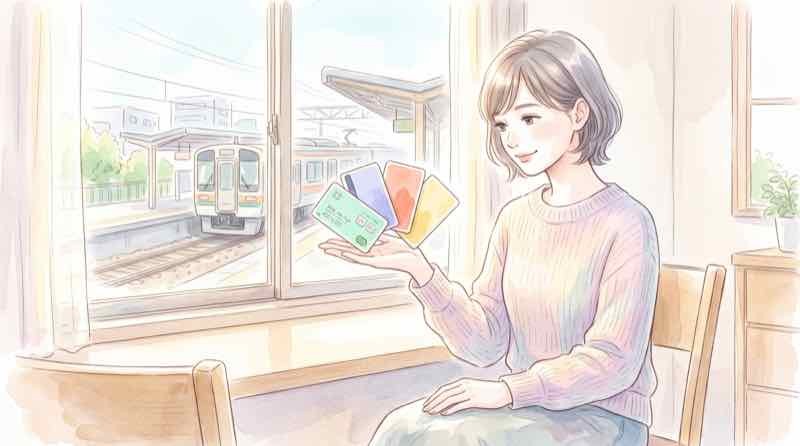 PASMOやICOCAなど複数の交通系ICカードを手のひらに並べて見比べる女性