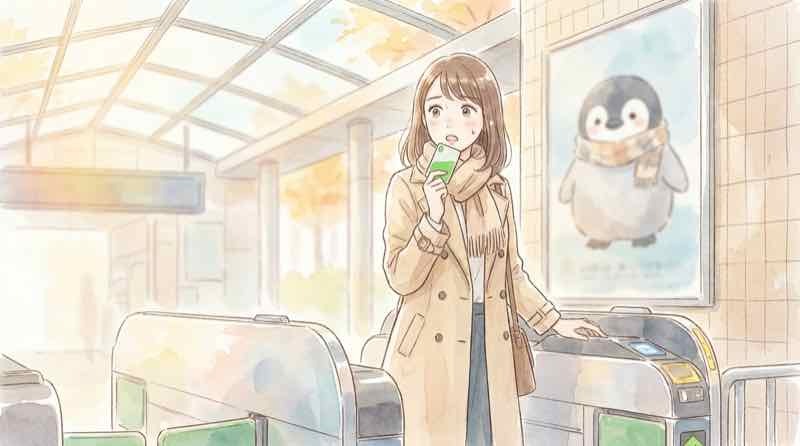 Suicaのペンギン卒業を新聞とスマホで確認しながら考えごとをする女性