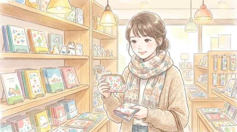 Suicaのペンギン卒業イベントのグッズ売り場でハンカチを選ぶ女性