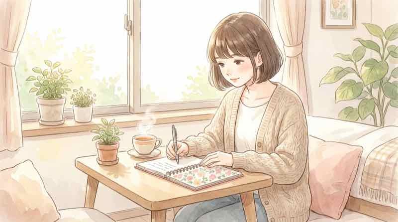 Suicaのペンギン卒業前にやっておきたいことをノートに書き出して整理する女性