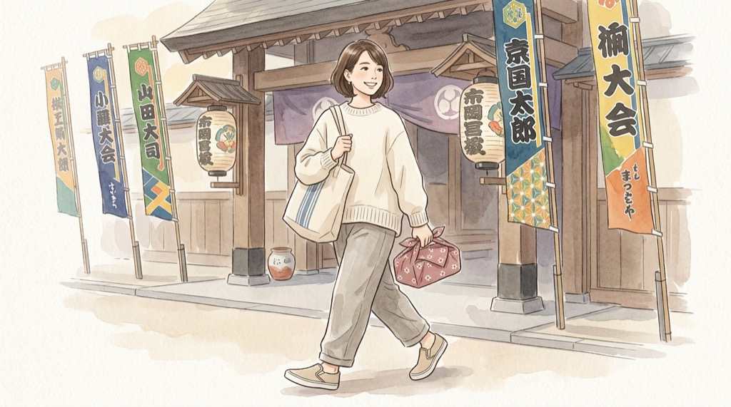 初めての大相撲観戦で持ち物とQRチケットを確認する女性のイメージ