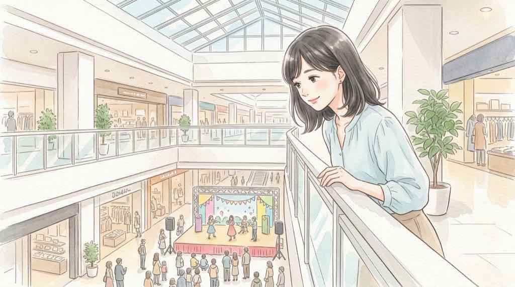 スパフル フリーライブを2階の吹き抜けから見下ろす女性ファン