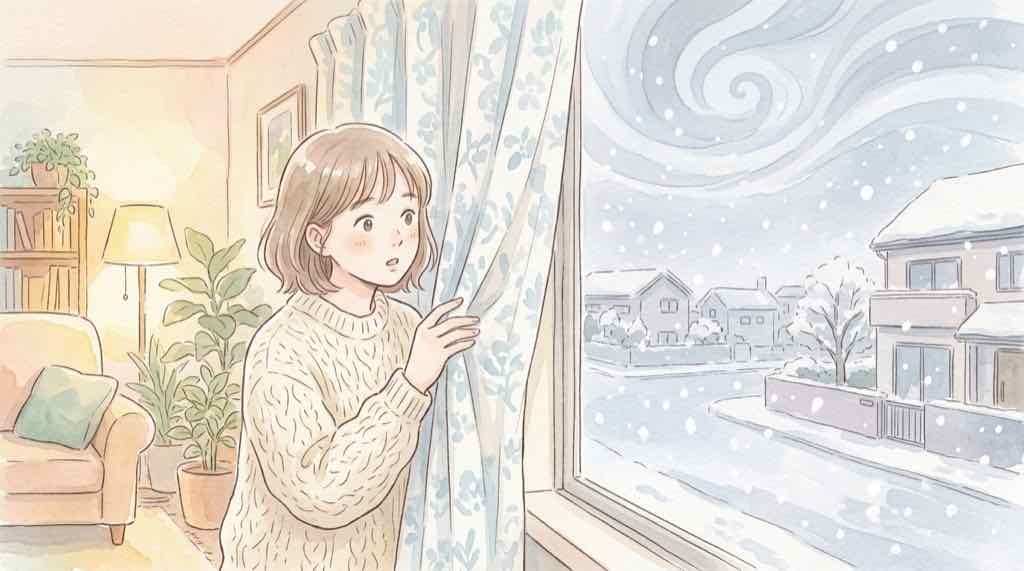暖冬でも大雪が降る関東の南岸低気圧を窓越しに見つめる様子