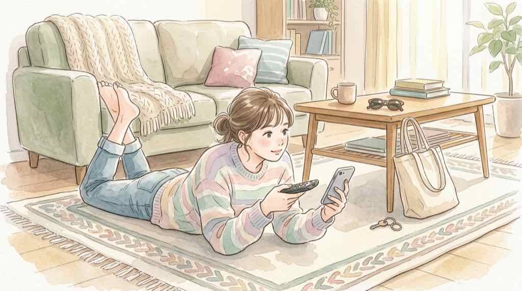 卓球アジア大会のテレビ放送とスマホ配信を見比べる女性