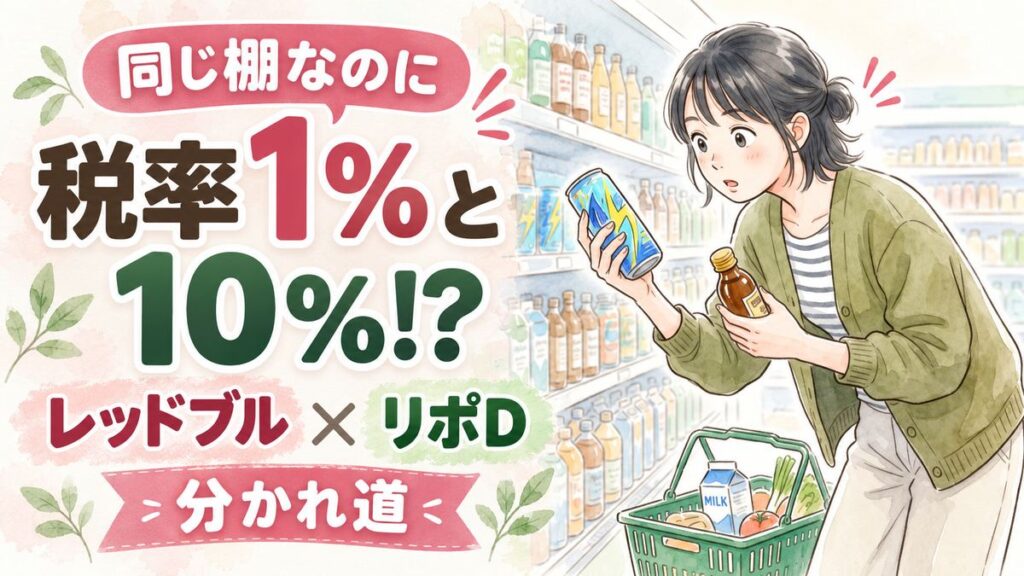 消費税1%食品と10%の栄養ドリンクを見比べる女性のイラスト