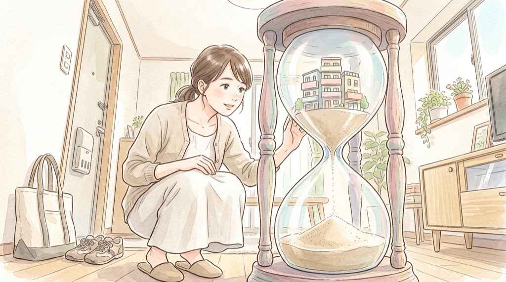 定期借地権マンションの残存期間と売却しやすさの関係を表す砂時計のイメージ
