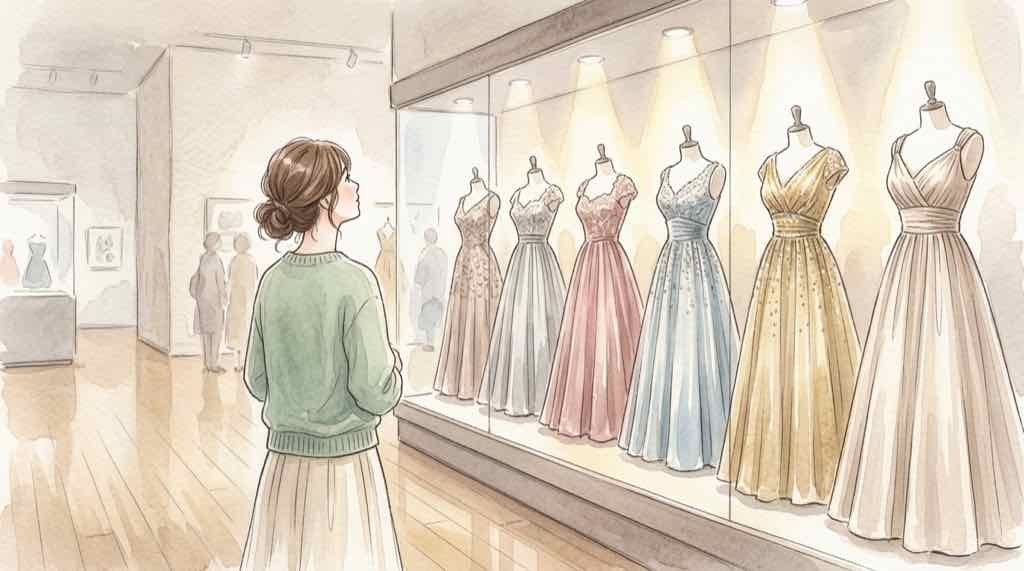 徹子の部屋50周年展で華やかな衣装展示を見つめる女性