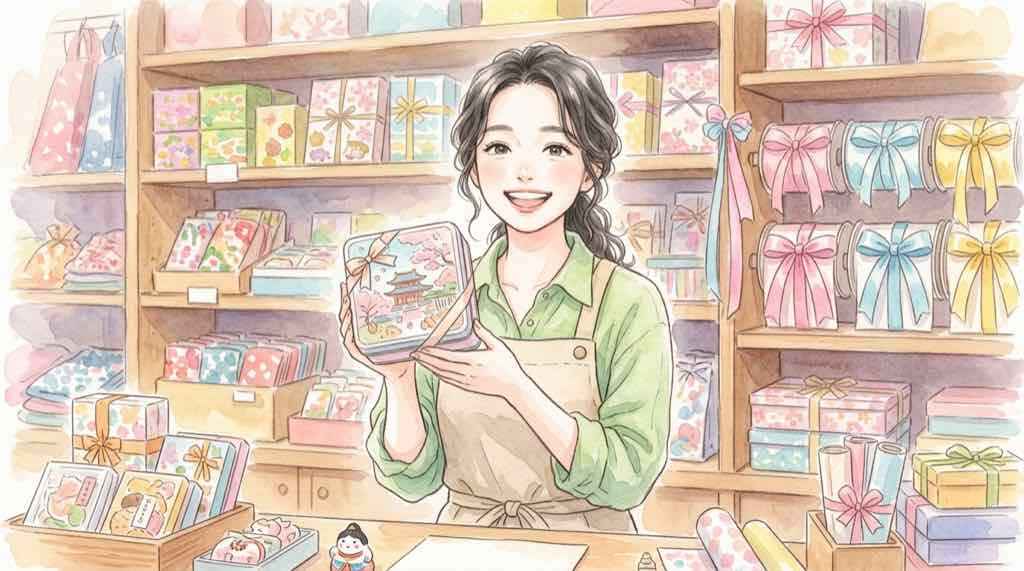 徹子の部屋50周年展限定グッズを手に取って喜ぶ女性