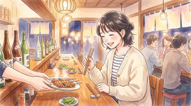 トフロム八重洲 レストランのカウンターで料理を前に笑顔を見せる女性