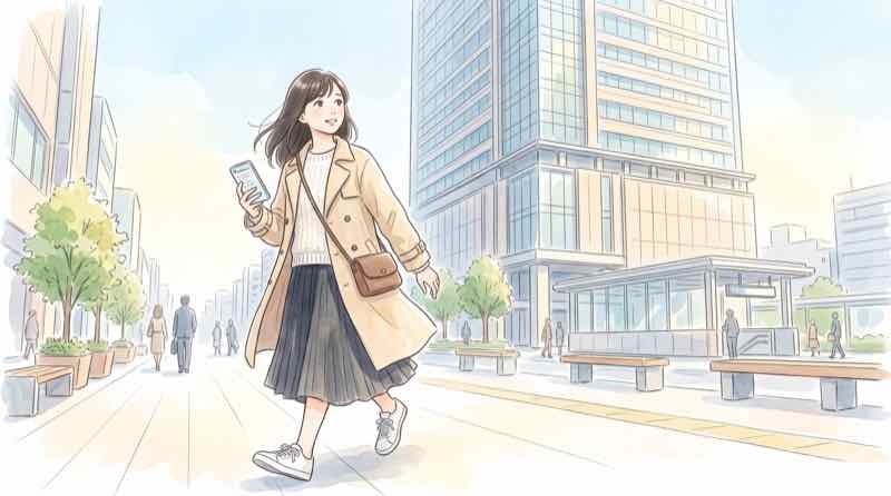 トフロム八重洲 開業日を待つ女性が東京駅八重洲口の新しい複合施設を見上げている