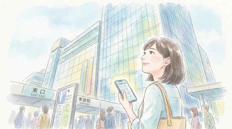 トフロム八重洲 店舗一覧を見ながら東京駅八重洲口の新施設の前で笑顔の女性