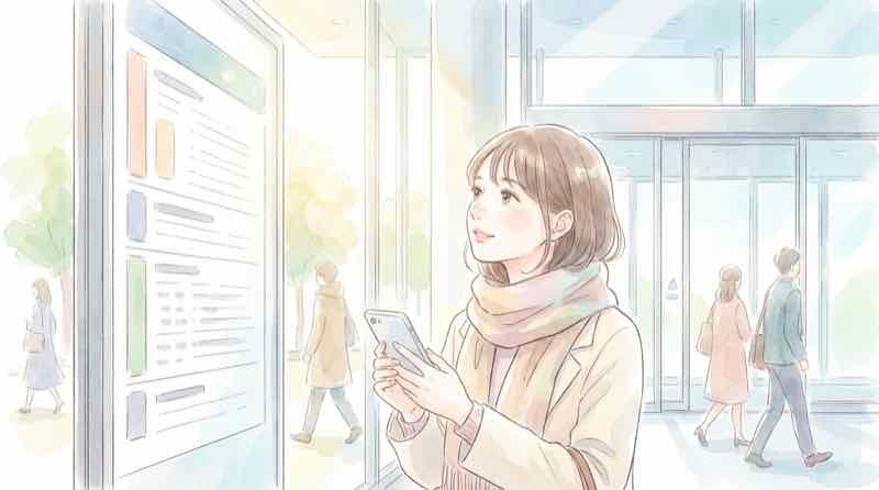 トフロム八重洲 店舗一覧をスマホでチェックしながら施設の前に立つ女性
