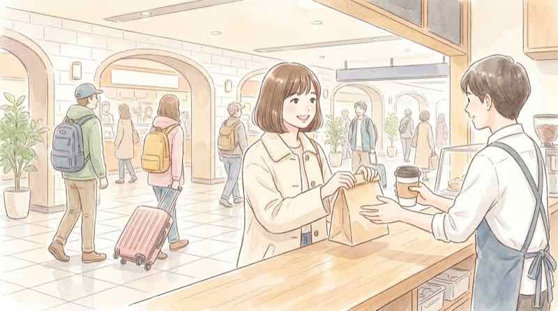 トフロム八重洲 店舗のうち地下1階のクイックゾーンでテイクアウトを受け取る女性