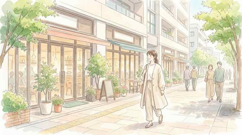 トフロム八重洲 店舗が並ぶ1階の路面店フロアを眺めながら歩く女性