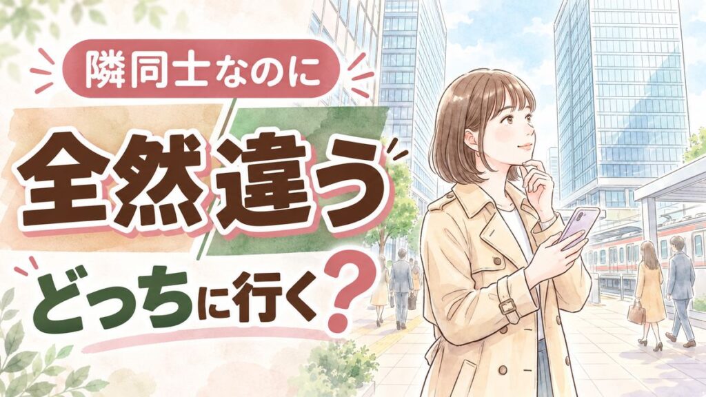トフロム八重洲 ミッドタウン八重洲 違いを2つのビルの間で見比べる女性