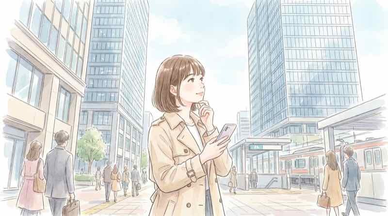 トフロム八重洲 ミッドタウン八重洲 違いを東京駅八重洲口で見比べて笑顔の女性