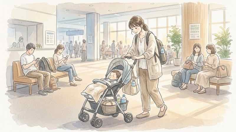 東京ゲームショウ2026でベビーカーの子連れが休憩スペースで一息つく様子