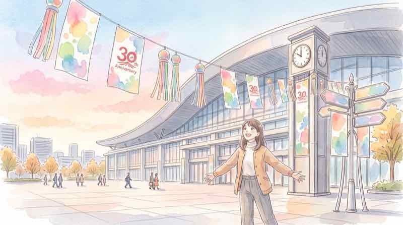 東京ゲームショウ2026の5日間開催を紹介する幕張メッセ会場前で見上げる女性