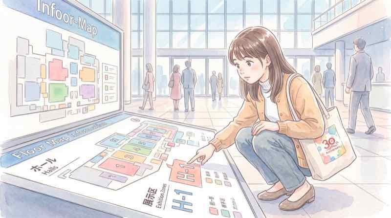 東京ゲームショウ2026の一般公開日と開催時間を確認する女性と会場マップ