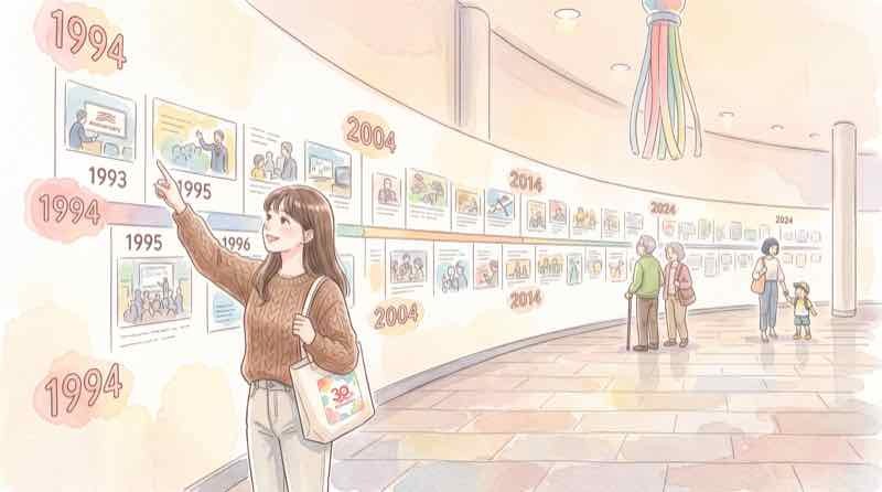 東京ゲームショウ2026の30周年記念企画と年表展示を眺める来場者